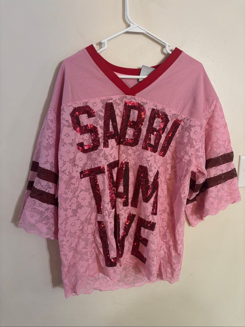 Nwot Sabbi The Lace Varsity Sequin Cotton Candy Oversized Jersey Women's Xxs — image 2 of 8